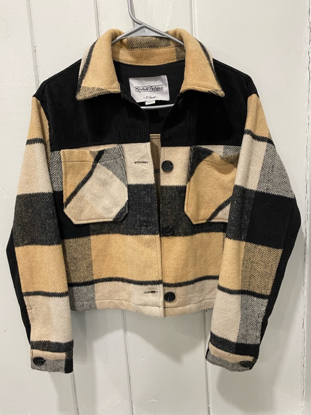 Rusty Butcher Plaid Cropped Shacket in Tan, Black & Cream